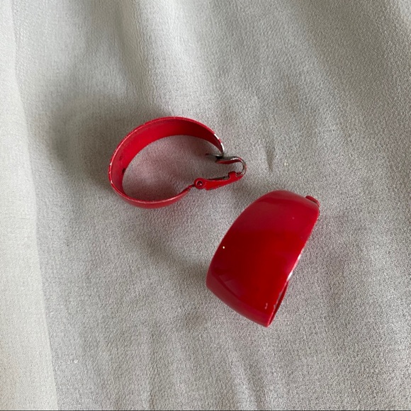 Vintage 80s Red Metal Chunky Hoop Clip Earrings - Picture 2 of 5